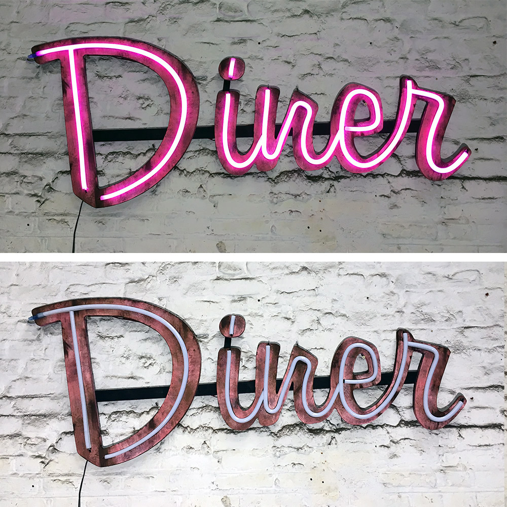 Diner Retro distressed diner sign with pink LED neon